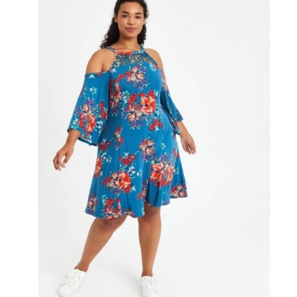 torrid 6 Teal Blue Cold-Shoulder Floral Mini Dress